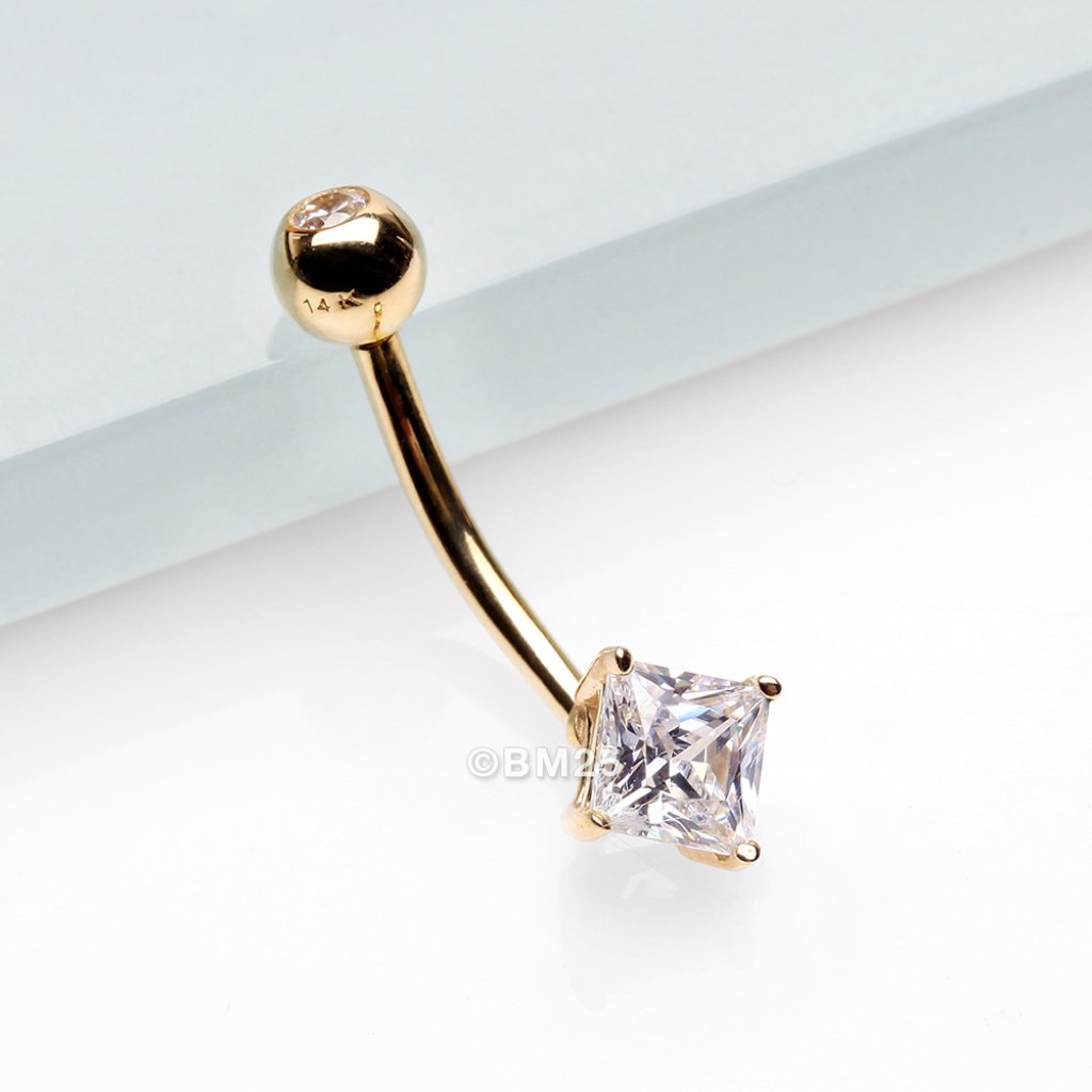 14 Karat Gold Prong Set Princess Cut Gem Belly Button Ring 182$